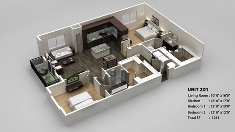 Floor plan for 2 beds, 2 baths, 1261 sqft